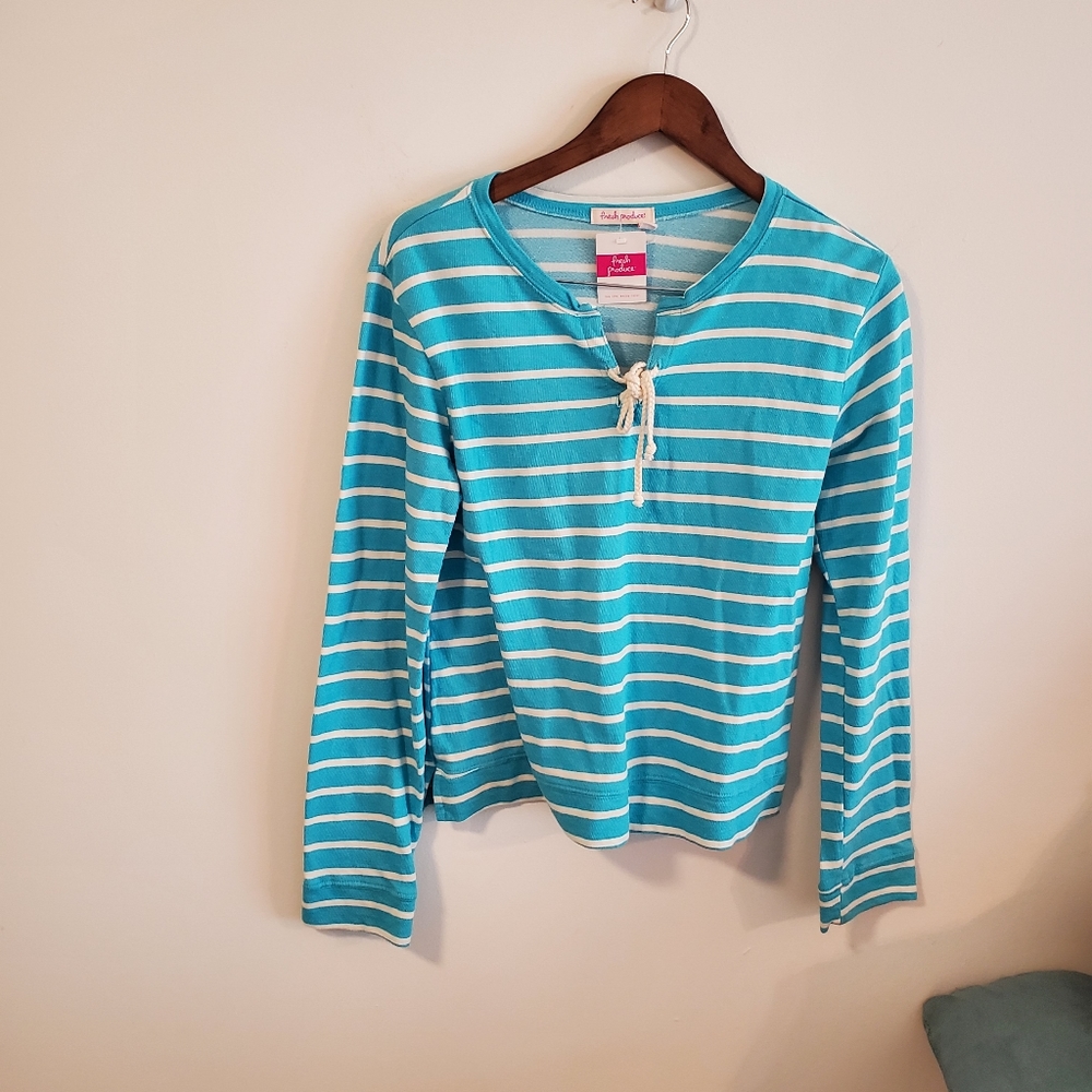 NWT Fresh Produce striped nautical teal white long sleeve tee size XS beach